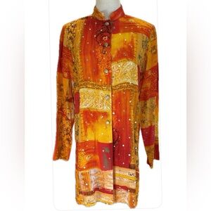 Diane Gilman 100% Silk Sequins Abstract Patchwork Button Down  Tunic M